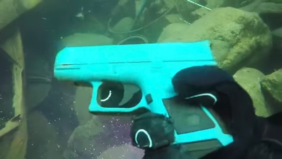 A bright blue gun was found in the murky depths