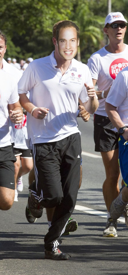 Prince Harry taking part in a Sport Relief Mile race wearing a mask of his brother William in Brazil