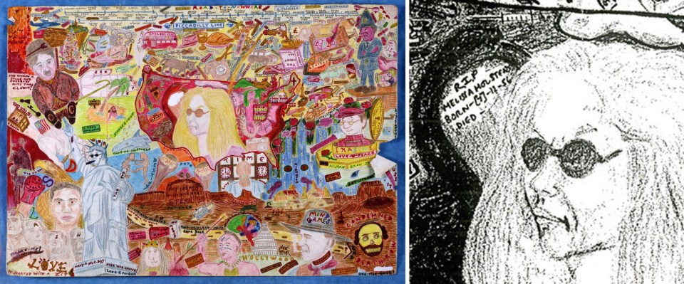 A collage by John Sweeney with a drawing of Melissa in the middle