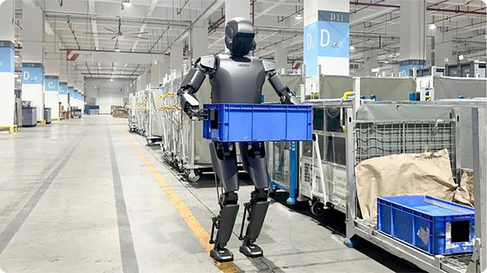 One of the eerie bots parading around a Chinese warehouse as it transports goods