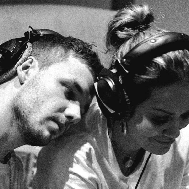 A black and white image of Rita and Liam in the studio