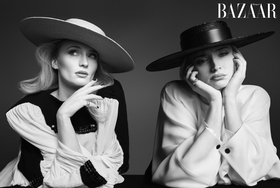 a black and white photo of two women for harper 's bazaar