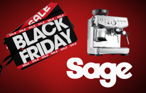 a sage coffee maker sits next to a black friday sale sign