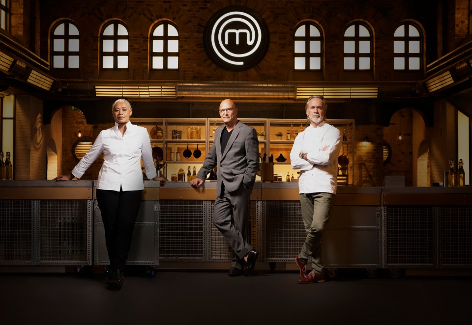 three people standing in front of a masterchef logo