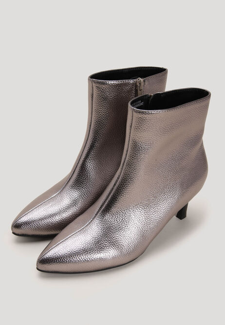 a pair of silver metallic ankle boots with pointed toes