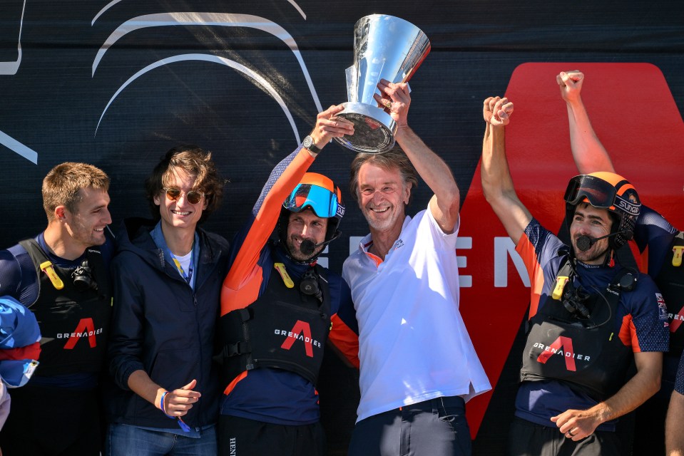 Sir Ben Ainslie and Sir Jim Ratcliffe celebrate after qualifying for the 37th America's Cup