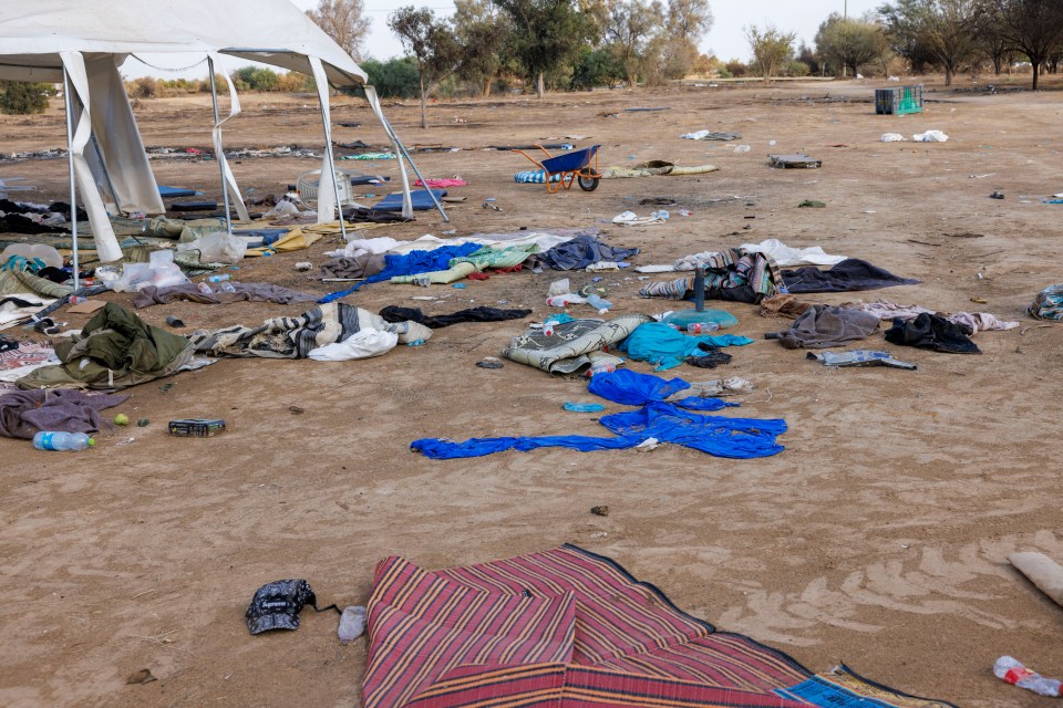 Destruction at the Nova festival site after Hamas terrorists slaughtered over 360 people