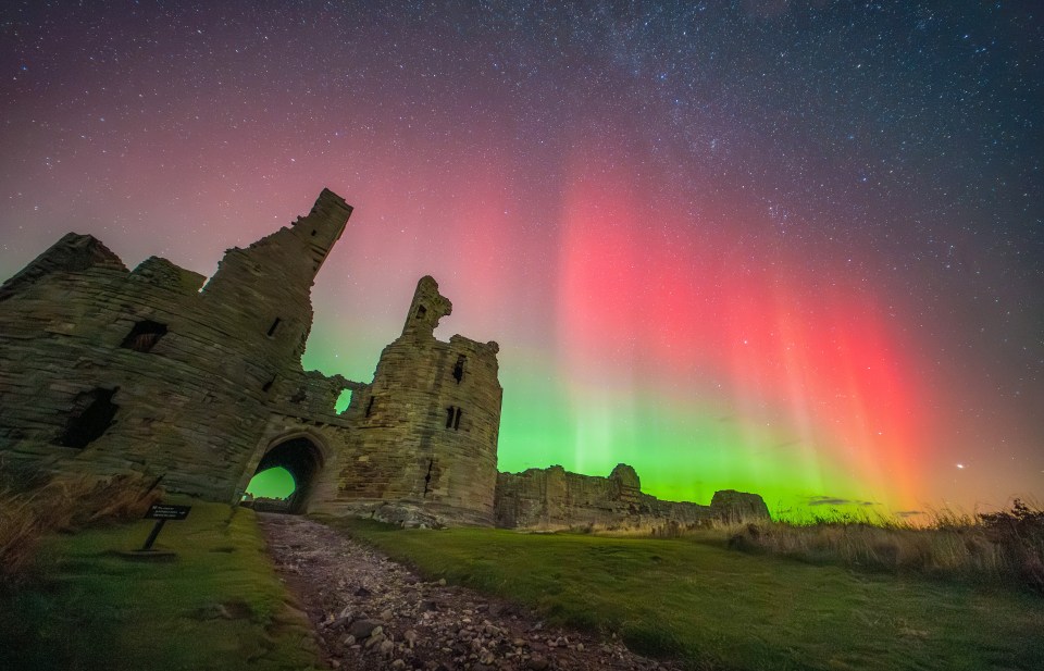 A spectacular display of the Northern Lights over Dunstanburgh Castle on Monday