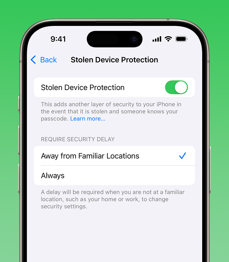 a phone screen shows the stolen device protection settings