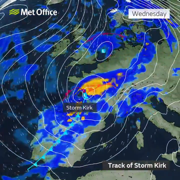 Storm Kirk can be seen moving over France and below the UK on Wednesday