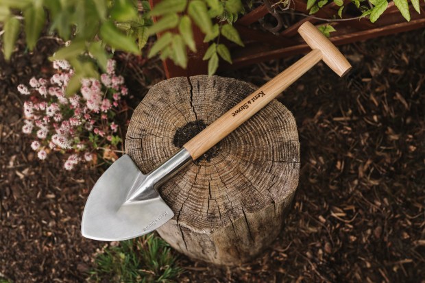 a small metal shovel with a wooden handle sits on top of a wooden stump