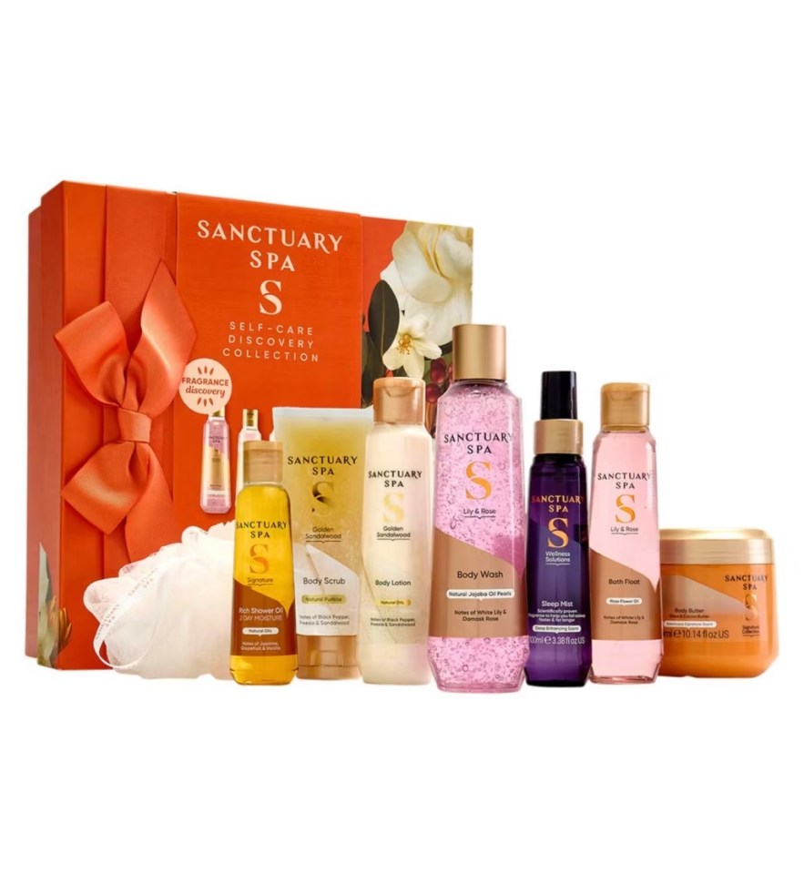 a collection of sanctuary spa products in a gift box