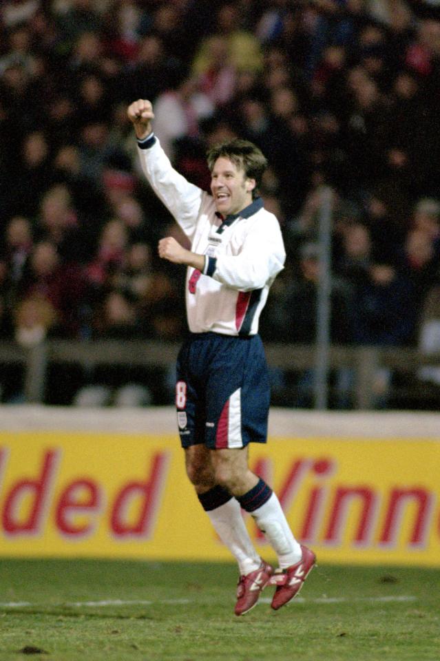 Paul after scoring for England against Switzerland in 1998