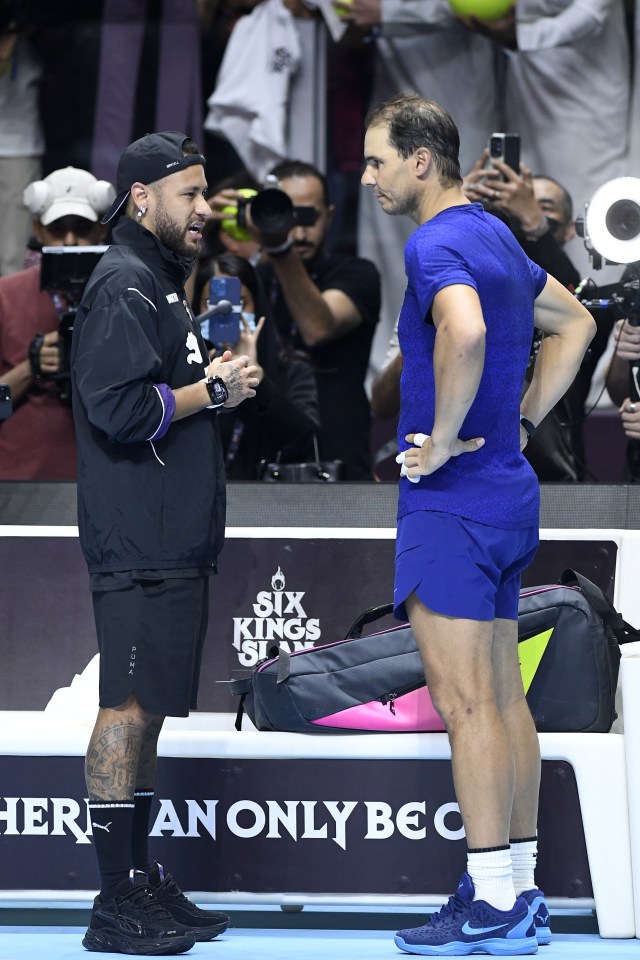 Neymar popped along to the event and spoke to Nadal on the court