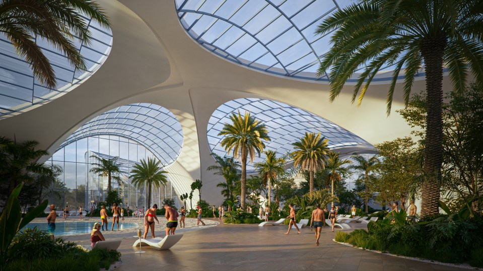 an artist 's impression of a swimming pool surrounded by palm trees