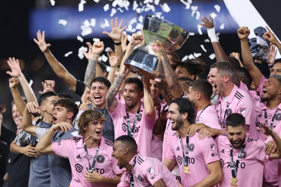 NASHVILLE, TENNESSEE - AUGUST 19: Lionel Messi #10 of Inter Miami hoist the trophy with his teammates after defeating the Nashville SC to win the Leagues Cup 2023 final match between Inter Miami CF and Nashville SC at GEODIS Park on August 19, 2023 in Nashville, Tennessee. (Photo by Tim Nwachukwu/Getty Images)