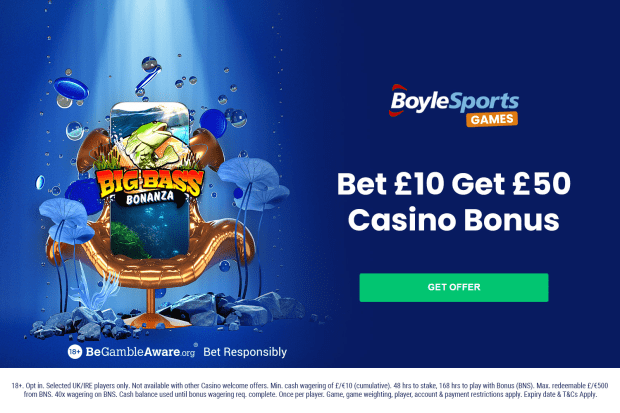 an advertisement for boylesports games that says bet £ 10 get £ 50 casino bonus