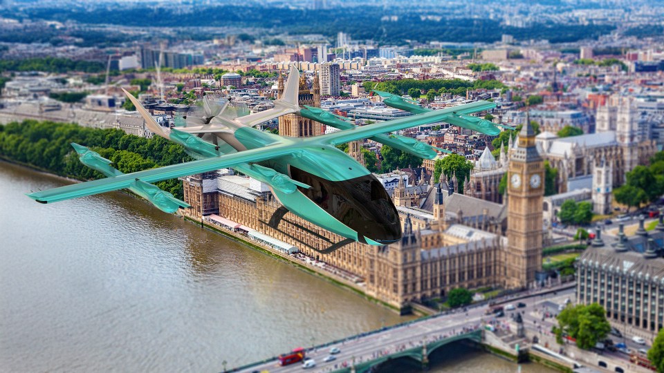 The eVTOL flying over London in a 3D rendering