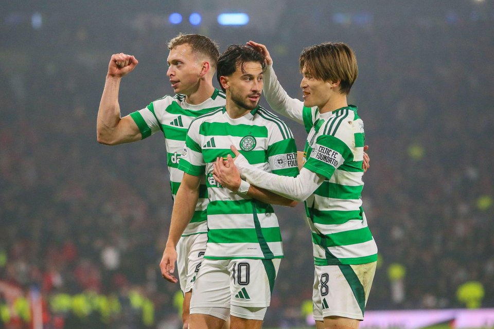 three soccer players wearing green and white jerseys with celtic fc on the front