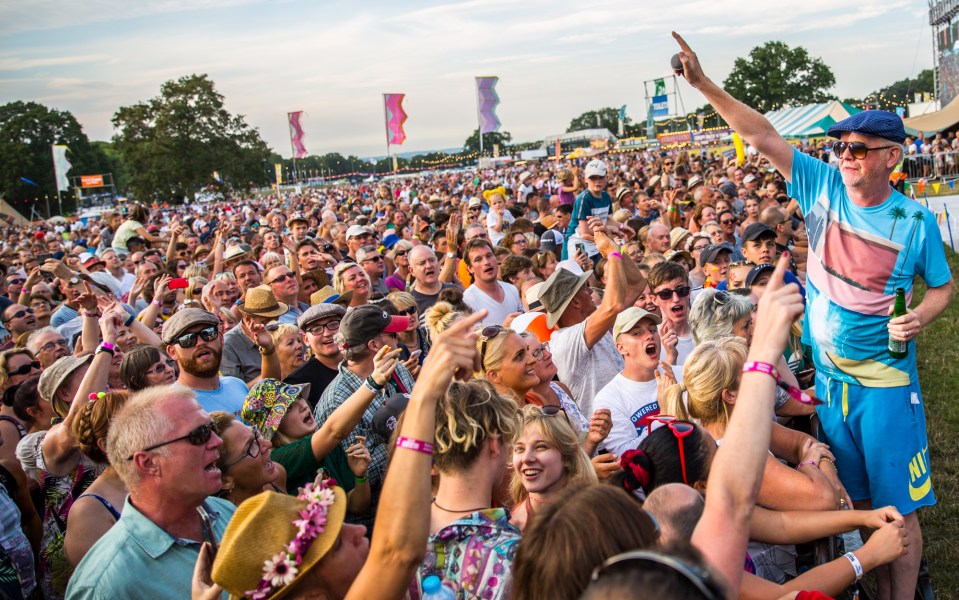 a man in a blue shirt stands in front of a crowd at a festival