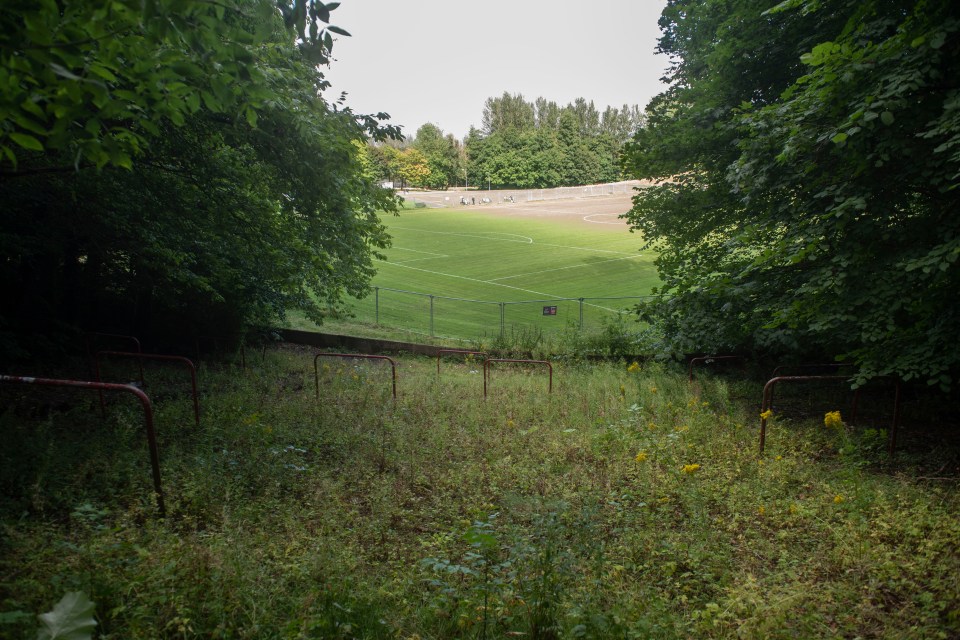 a soccer field is surrounded by trees and grass