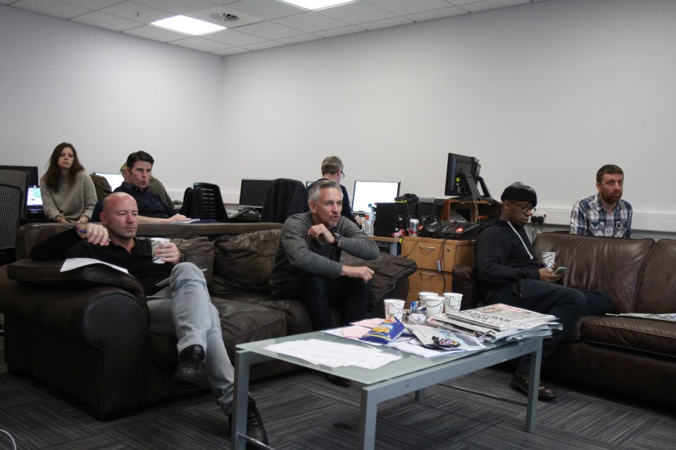 Gary, Alan Shearer and Ian Wright with the MOTD team behind the scenes in 2016