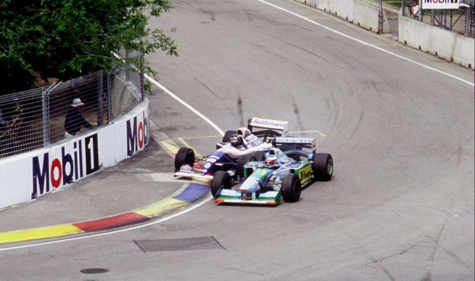 Michael Schumacher, right, rammed into Damon Hill, left, and ultimately forced both of them to retire