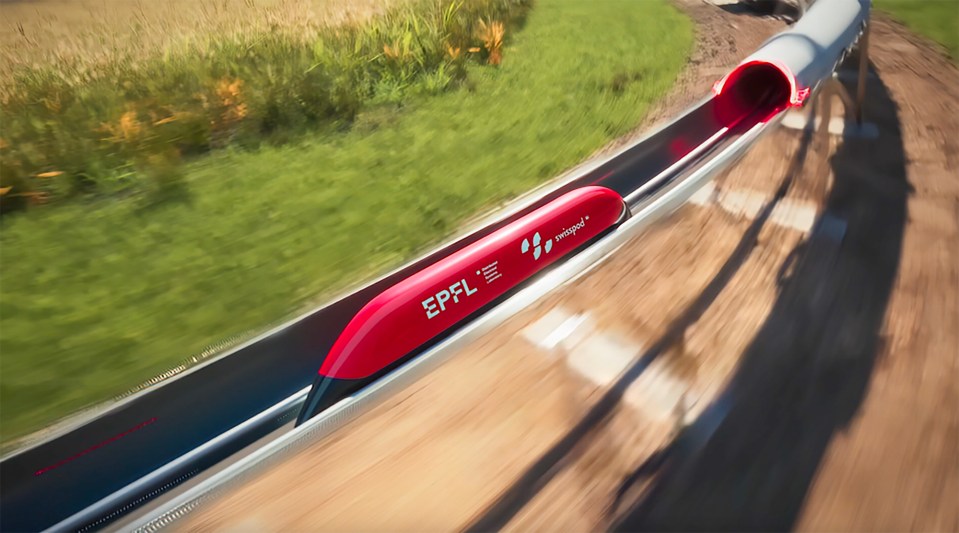 The prototype hyperloop train can be seen ripping around a small circular track