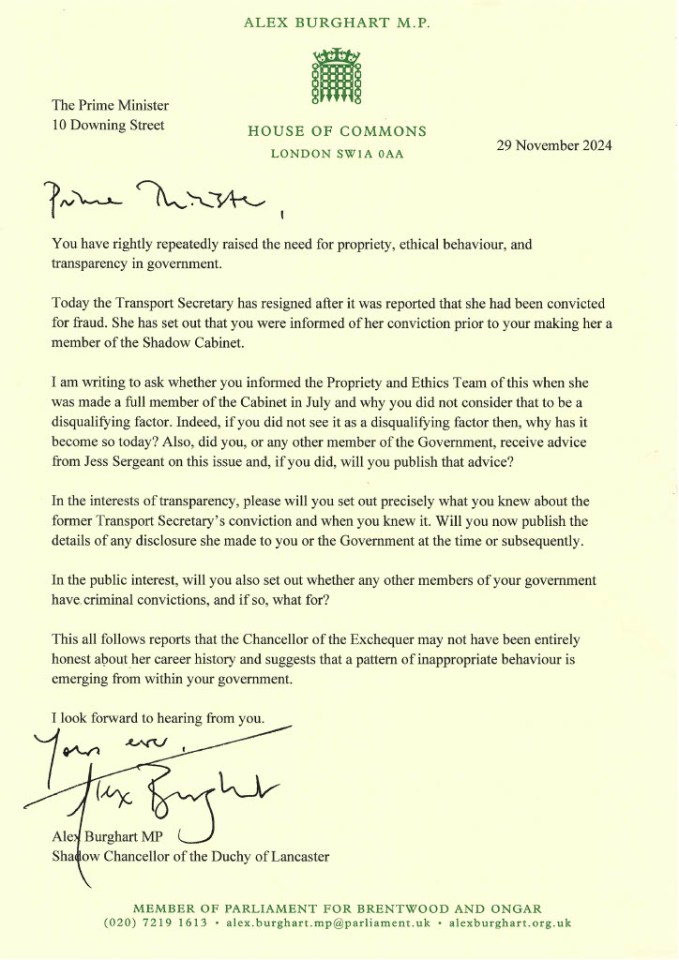 The Shadow Chancellor of the Duchy of Lancaster has written to the Prime Minister