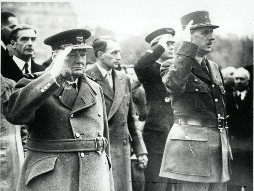 Winston Churchill and Charles De Gaulle salute the war fallen in 1944