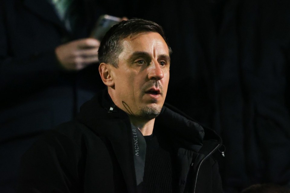 STOCKPORT, ENGLAND - MARCH 31: Gary Neville, co-owner of Salford City watches on from the stands during the Sky Bet League Two between Stockport County and Salford City at Edgeley Park on March 31, 2023 in Stockport, England. (Photo by James Gill - Danehouse/Getty Images)