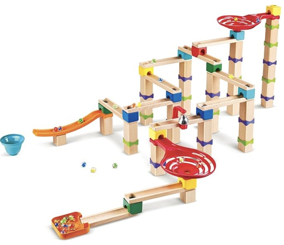 The marble run includes blocks, tracks, slides, marble and more