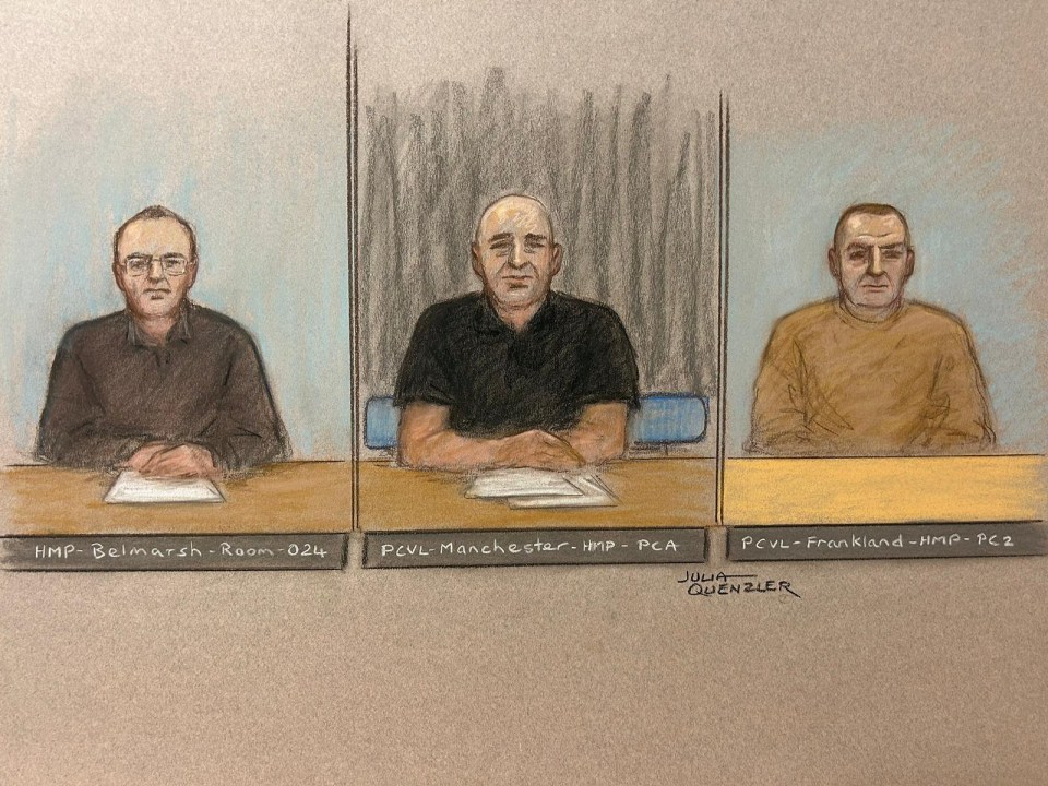 a drawing of three men sitting at a table with the name julia quenzler at the bottom