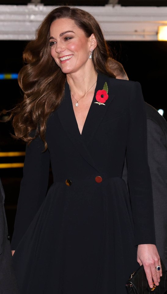 a woman wearing a black dress has a red poppy pin on her jacket