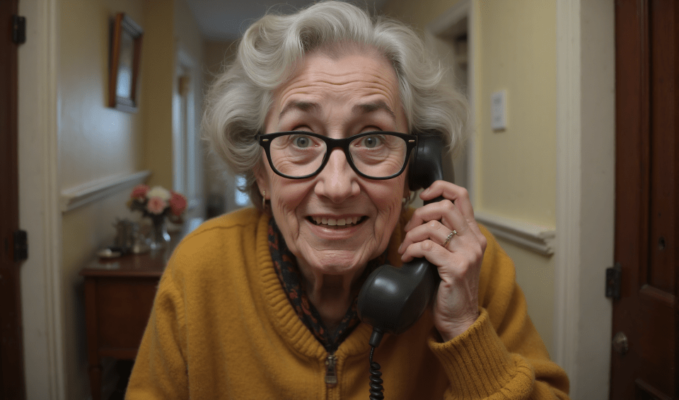 an elderly woman wearing glasses is talking on a telephone