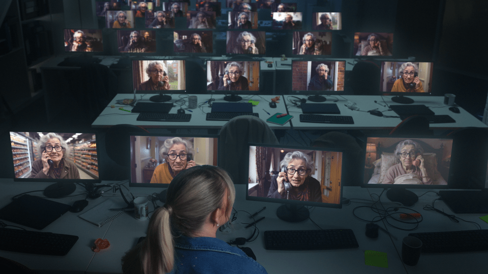 a woman sits at a desk with many computer monitors showing older women talking on the phone