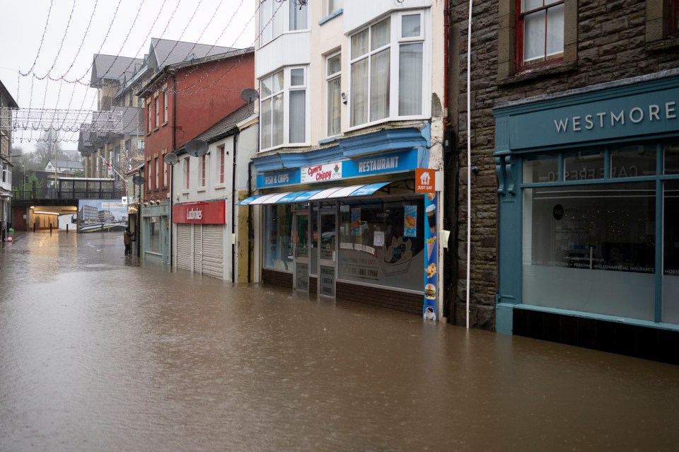 Flooding on Mill Street in Pontypridd, Wales on Sunday