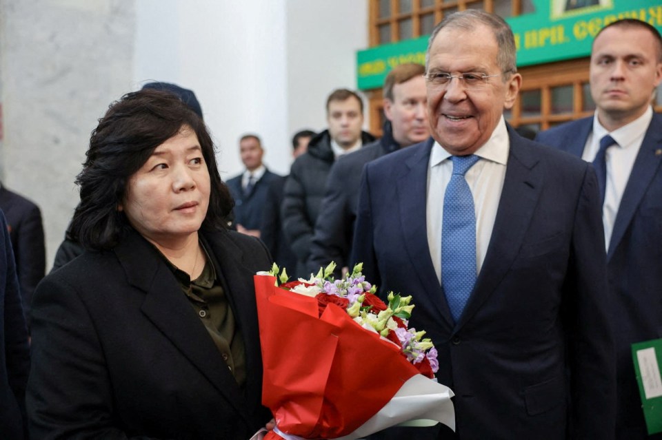 Russian Foreign Minister Sergei Lavrov welcomes his North Korean counterpart Choe Son Hui, in Moscow, Russia, November 1, 2024