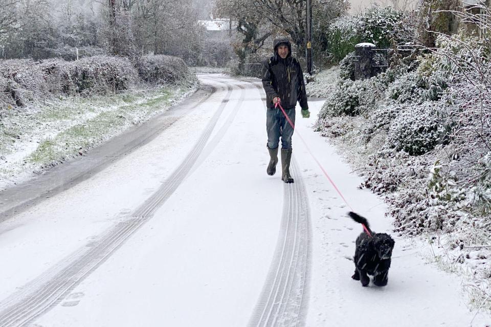 Snow in Doddiscombsleigh in the Teign Valley on the edge of Dartmoor, Devon, today