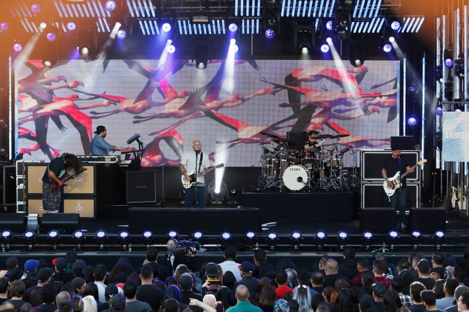 a band on stage with a large screen behind them that says flamingos