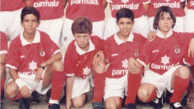 Ruben Amorim, leftm in the Benfica boys' team along with Bruno Simao, second right, and Pedro Russiano, right