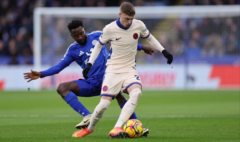 Leicester's Wilfred Ndidi avoided a red card for this challenge on Chelsea's Cole Palmer