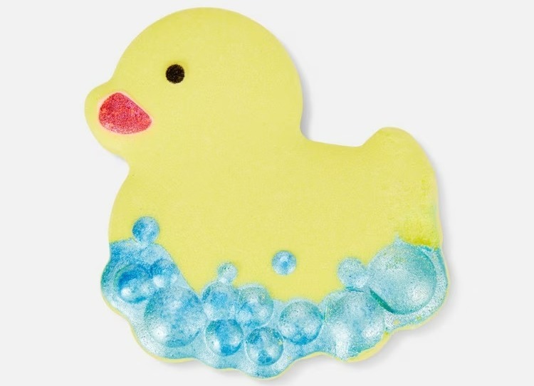 a yellow rubber duck with blue bubbles around it