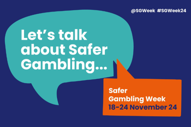 a blue and orange speech bubble that says let 's talk about safer gambling