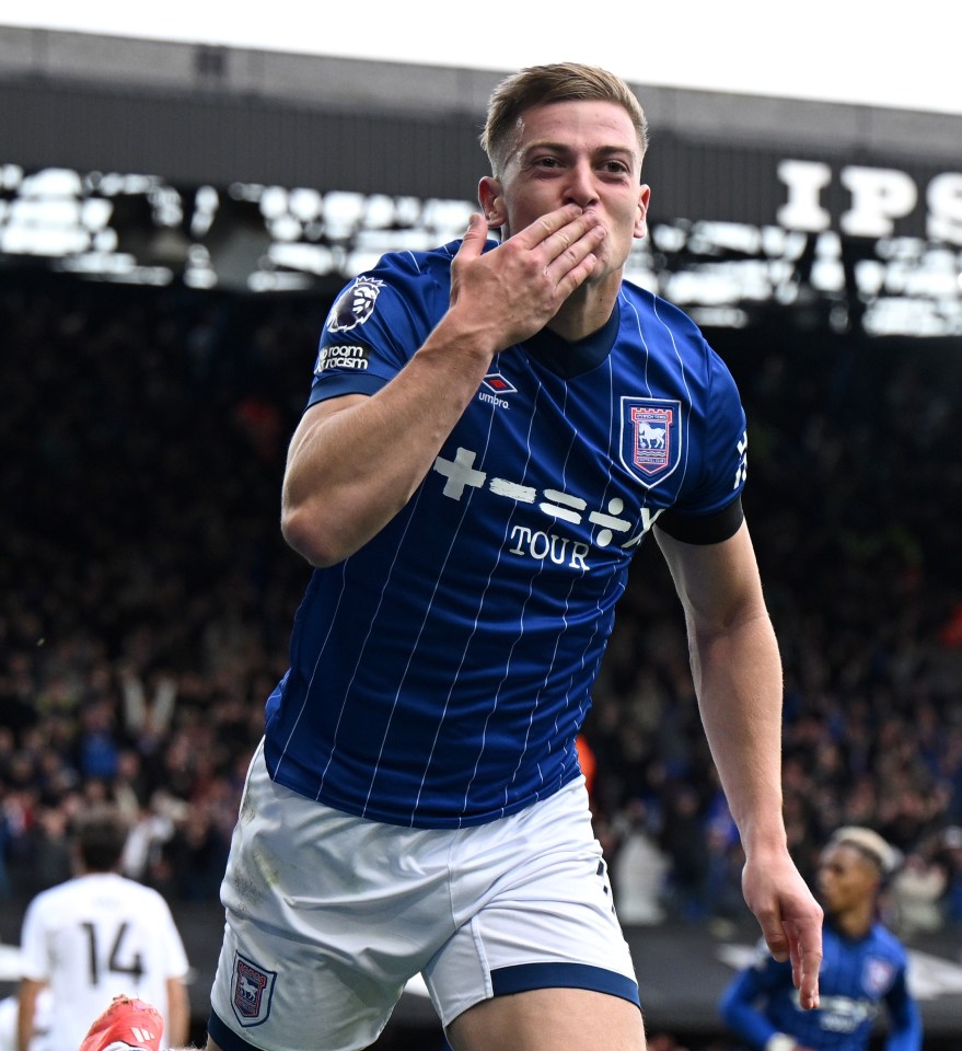 Liam Delap of Ipswich Town celebrates scoring a goal.