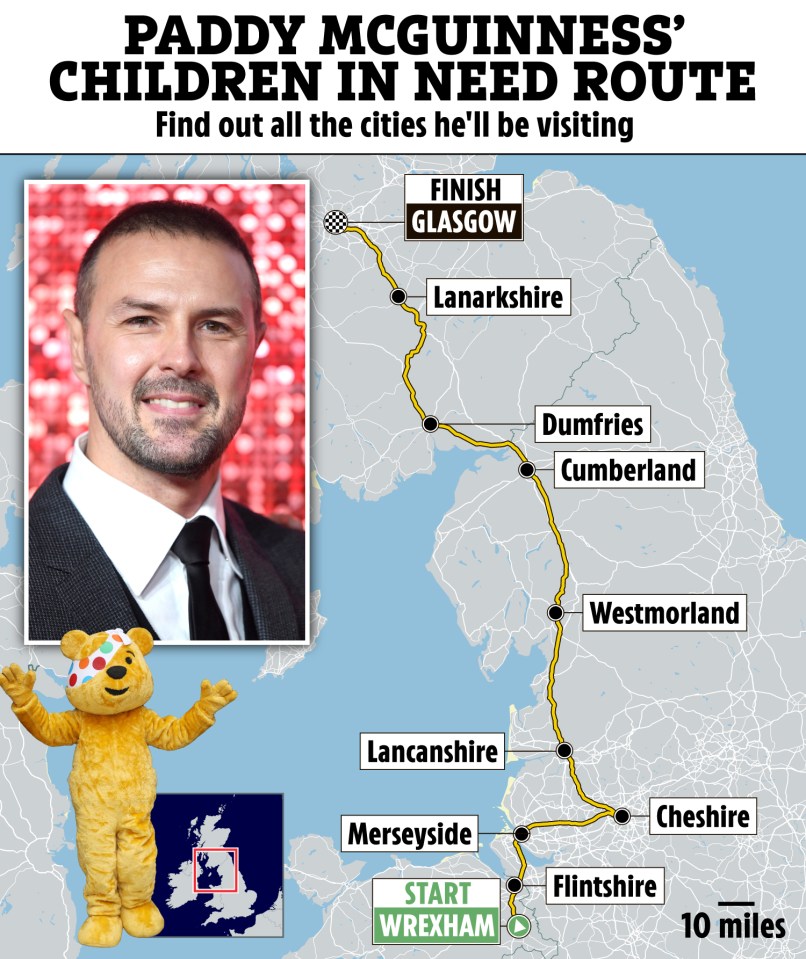 a map showing paddy mcguinness ' children in need route