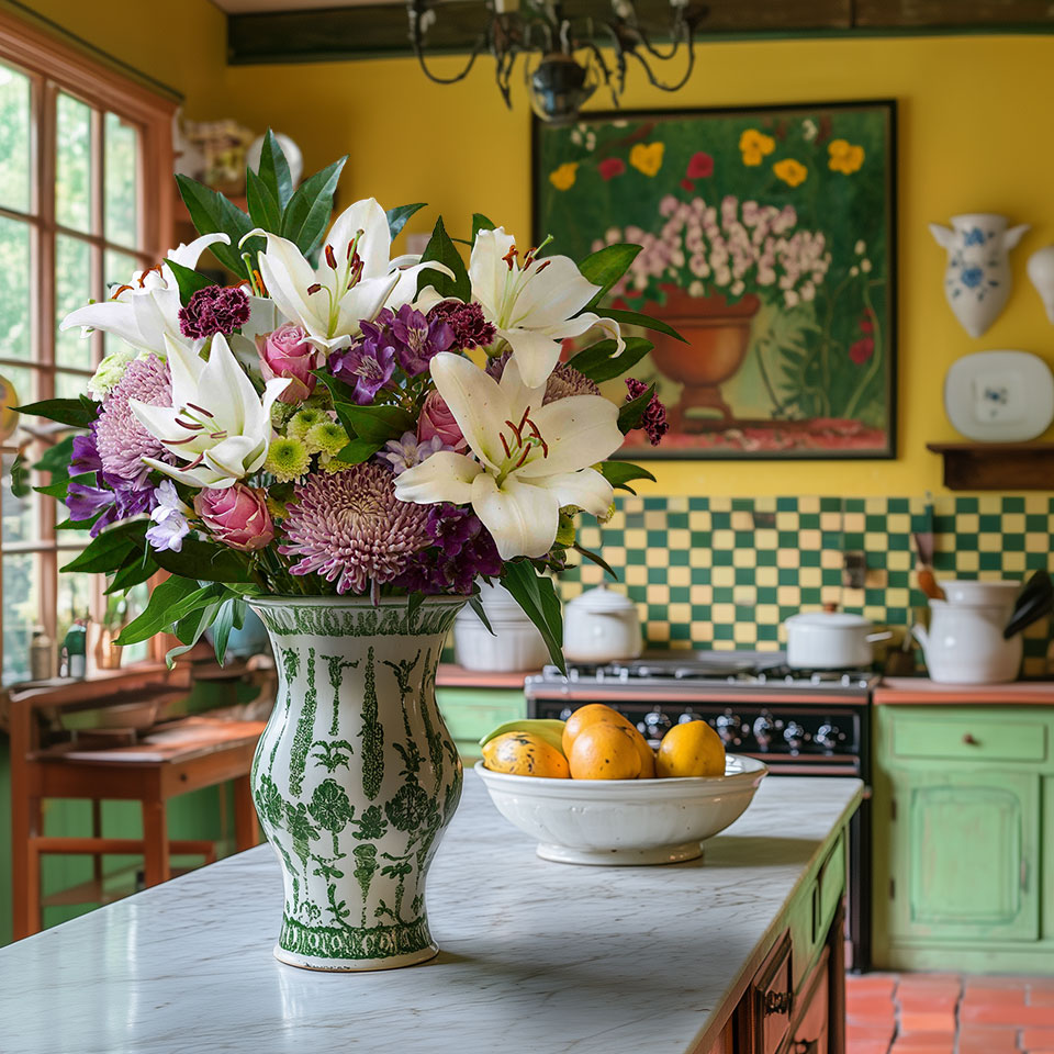 a green and white vase filled with flowers sits on a kitchen counter