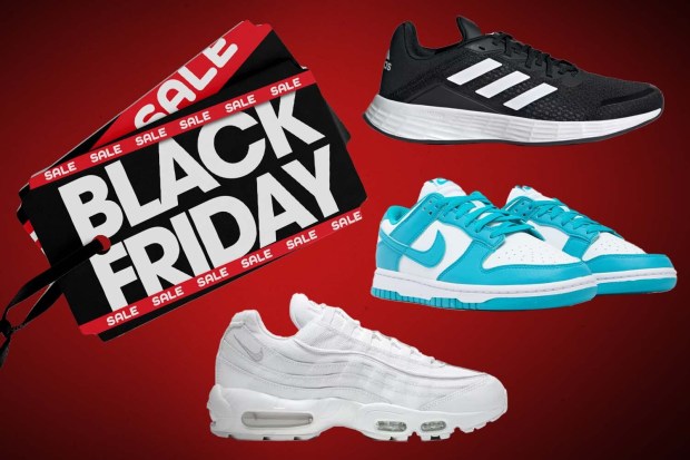 a black friday sale sign is surrounded by different pairs of shoes