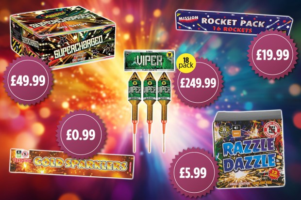 a box of supercharged viper fireworks sits next to a box of razzle dazzle fireworks