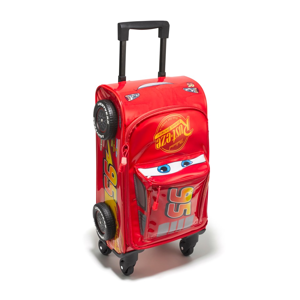 a red suitcase that looks like a lightning mcqueen car